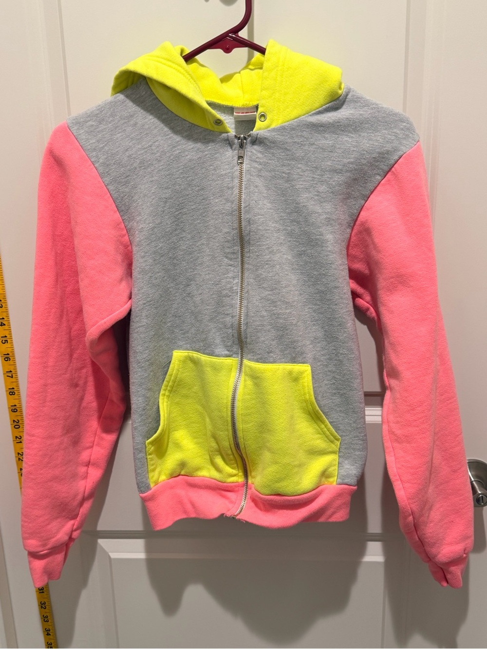 American Apparel Girls' Colorblock Zip Hoodie - Gray, Pink & Neon Yellow